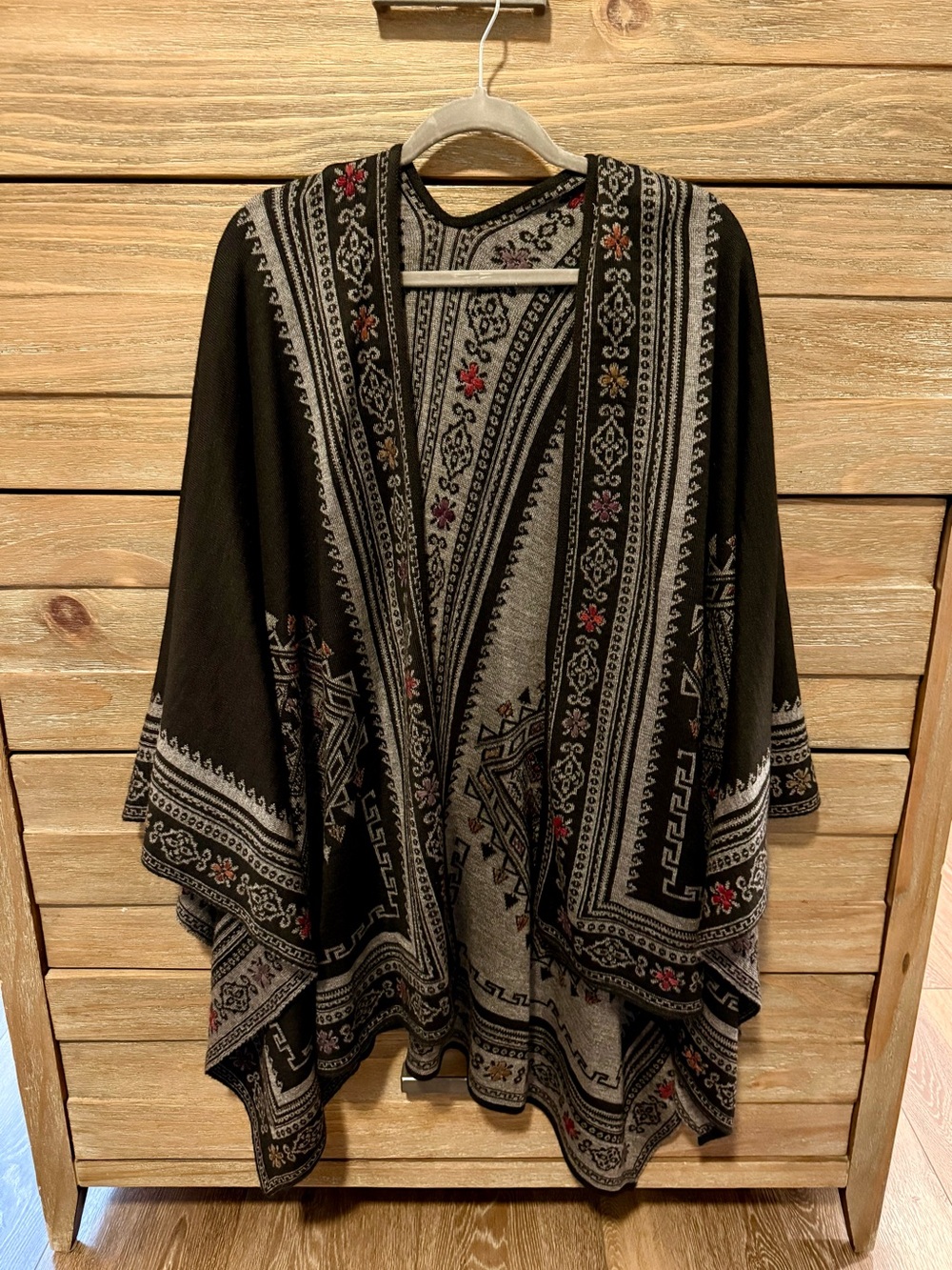 Reversible alpaca shawl/wrap in Black and Gray with Floral Accents